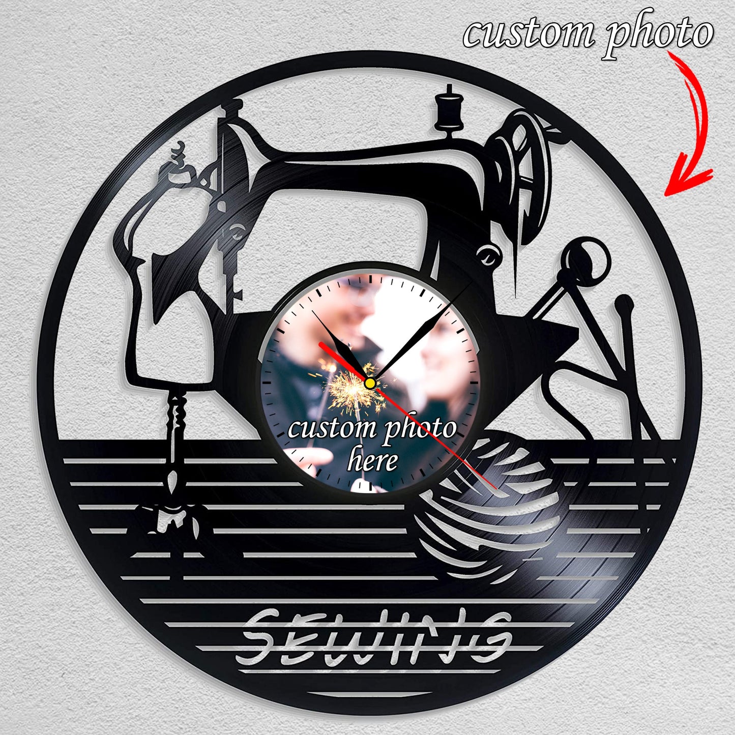 Personalized Sewing LP Record Wall Clock – Custom Photo & Name, Silent Quartz