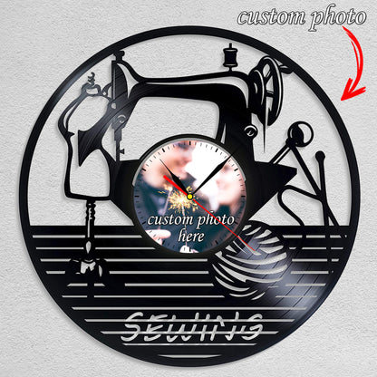 Personalized Sewing LP Record Wall Clock – Custom Photo & Name, Silent Quartz
