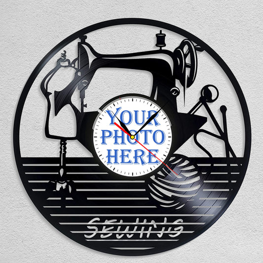 Personalized Sewing LP Record Wall Clock – Custom Photo & Name, Silent Quartz