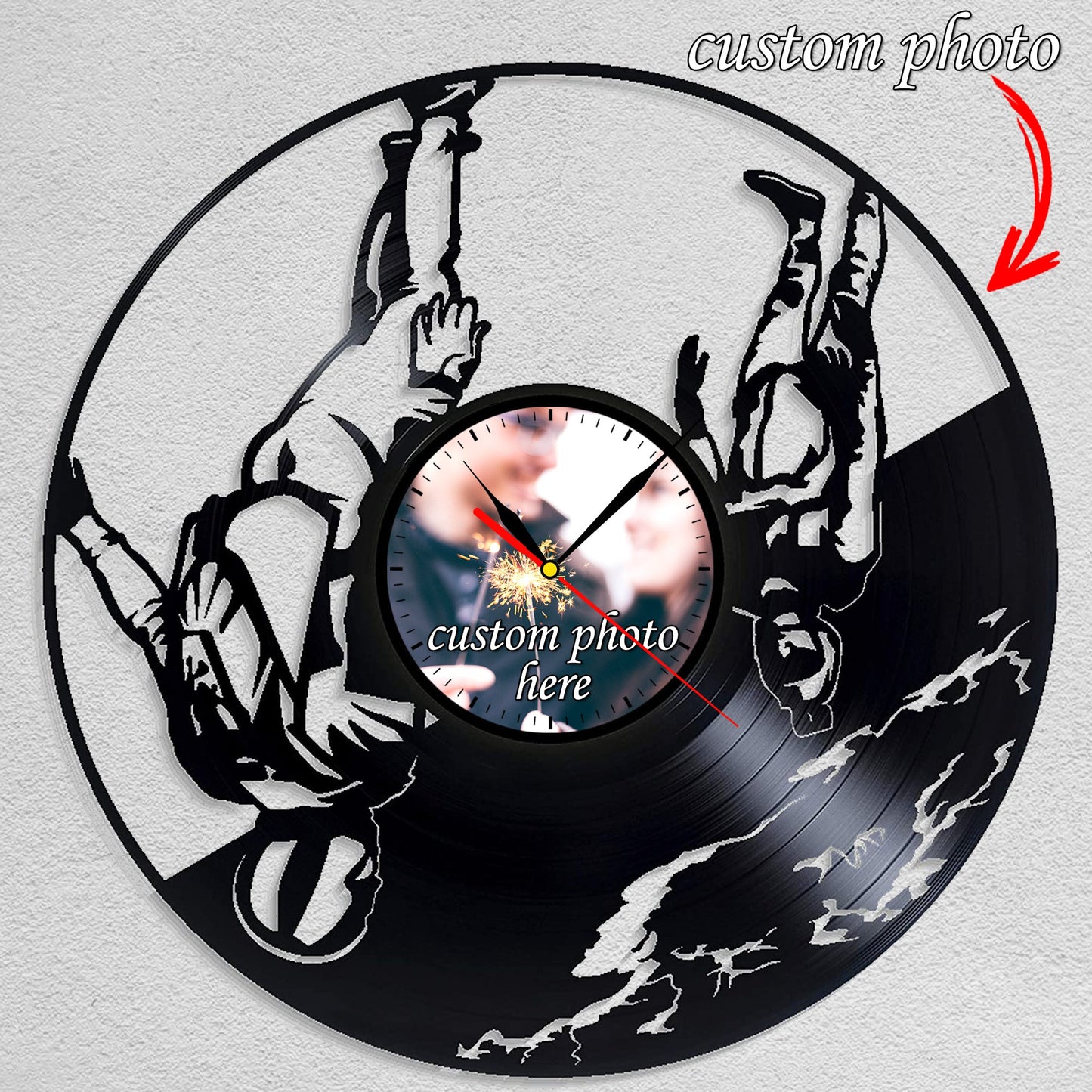 Personalized Skydiving LP Record Wall Clock – Custom Photo & Name, Silent Quartz