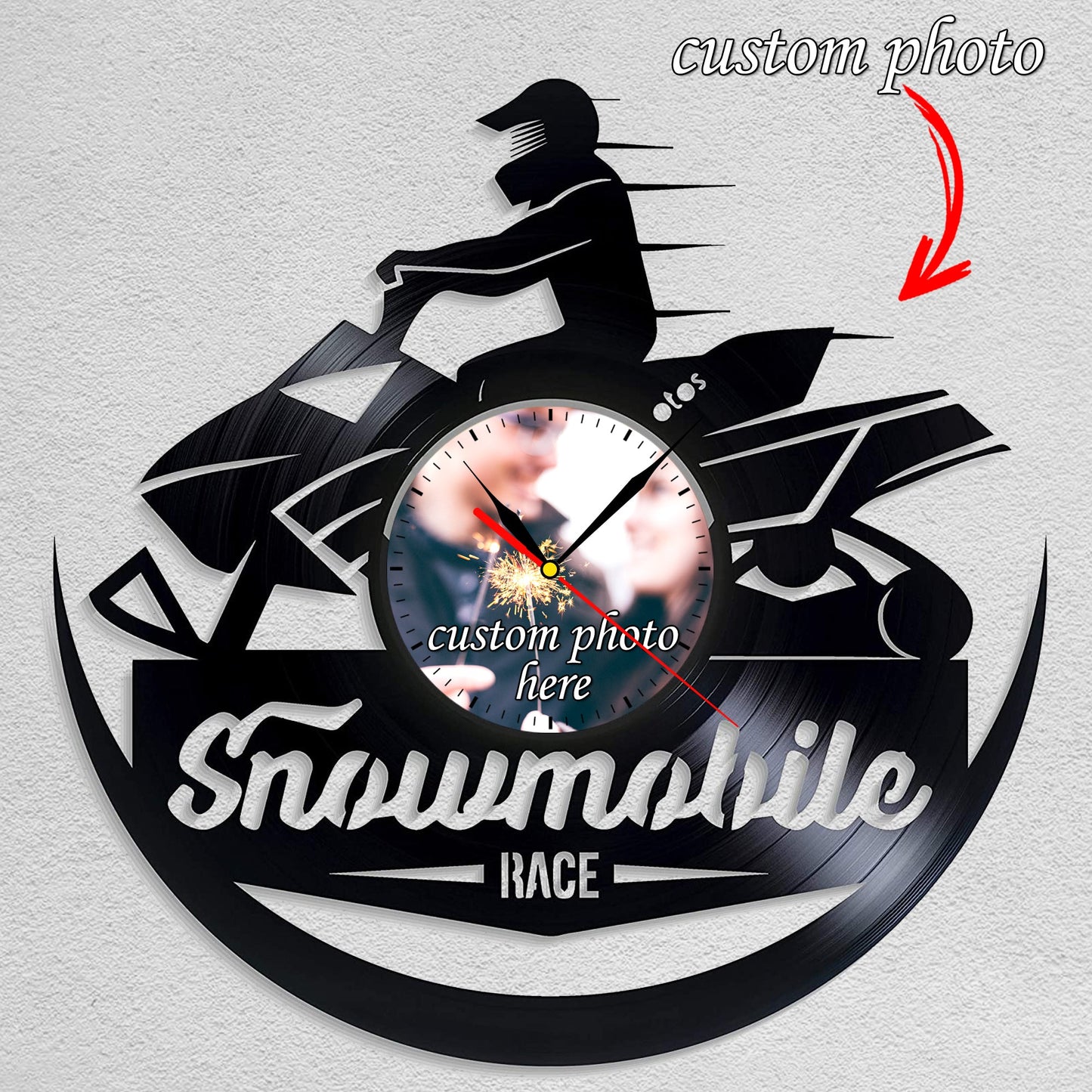 Personalized Snowmobile LP Record Wall Clock – Custom Photo & Name, Silent Quartz