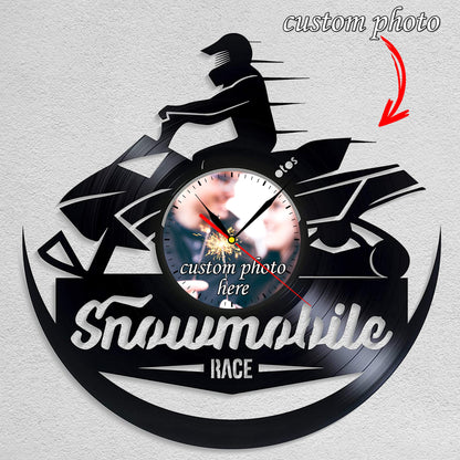 Personalized Snowmobile LP Record Wall Clock – Custom Photo & Name, Silent Quartz