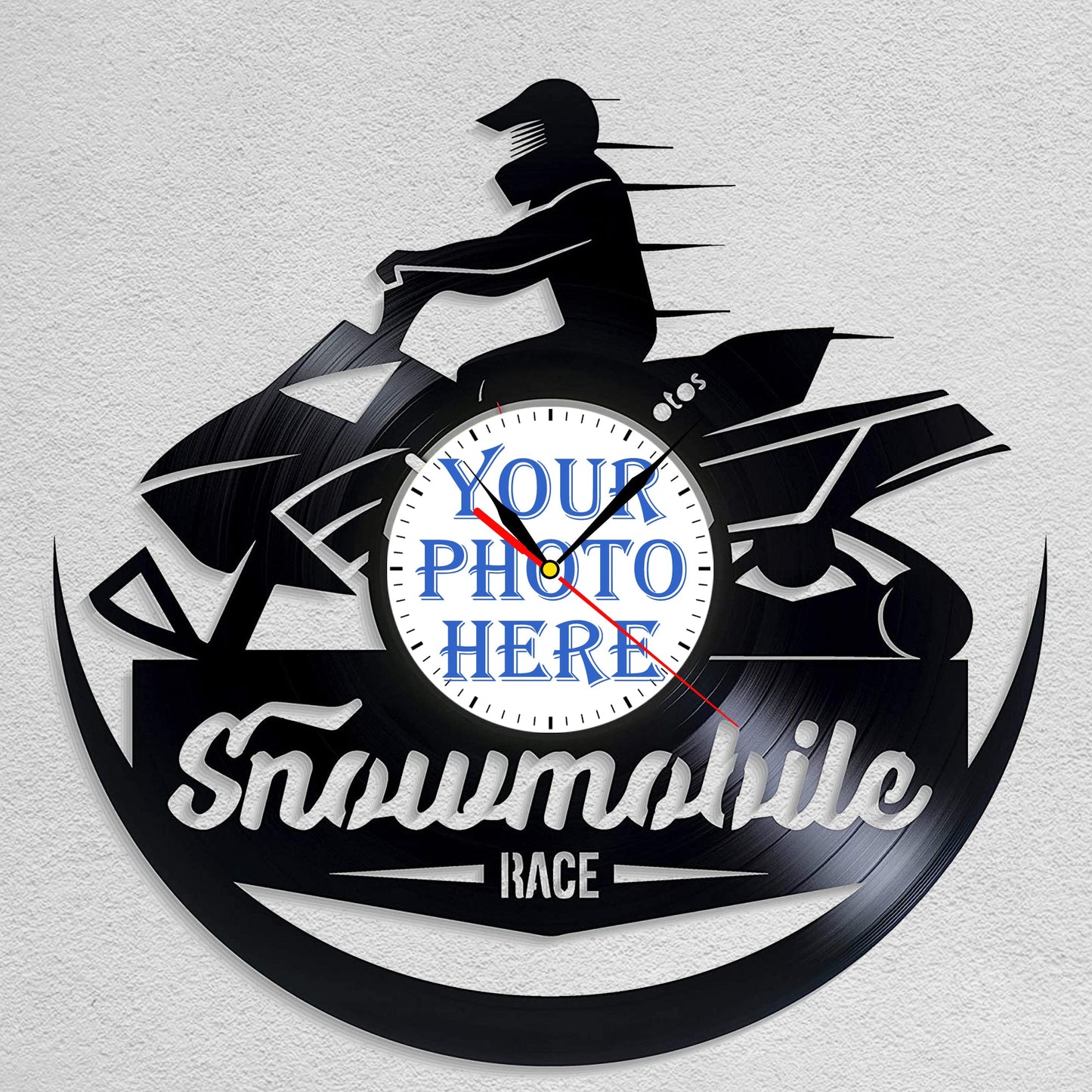 Personalized Snowmobile LP Record Wall Clock – Custom Photo & Name, Silent Quartz