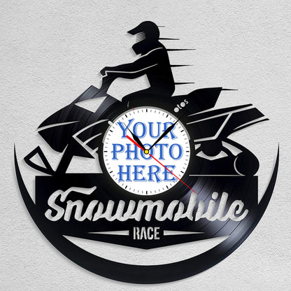 Personalized Snowmobile LP Record Wall Clock – Custom Photo & Name, Silent Quartz