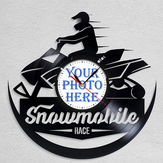 Personalized Snowmobile LP Record Wall Clock – Custom Photo & Name, Silent Quartz