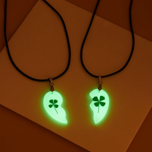 Glow in Dark Clover Couple Necklaces Gift Set