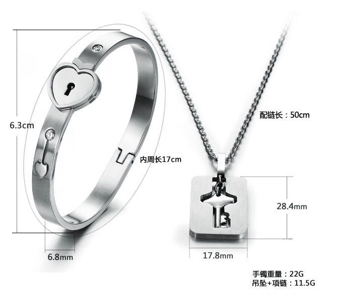 Engravable Lock And Key Bracelet Necklace Set For Couples In Titanium