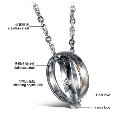 Two Half Heart Pendants Connected Circles Necklace for Couples