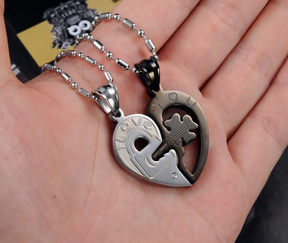 Engraved Clover Key Heart Interlocking Pendants Set for 2