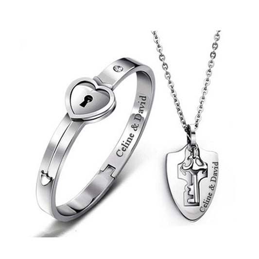 Personalized Real Lock and Key Bracelet Necklaces Set