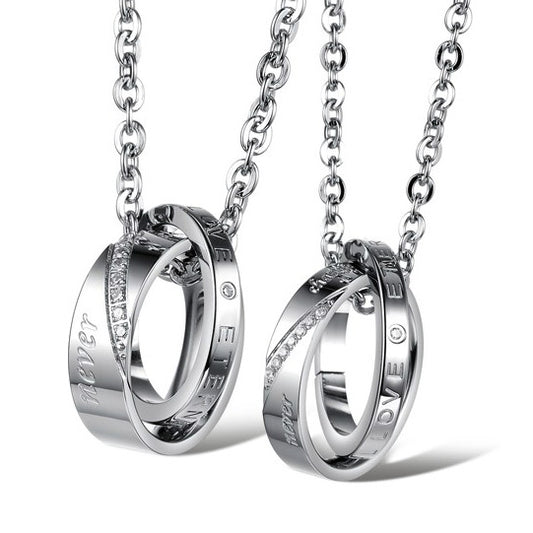 Double Rings Matching Friendship Necklaces Set