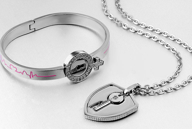 Engravable Lock Key Lovers Bracelet Necklace Couples Gift Set