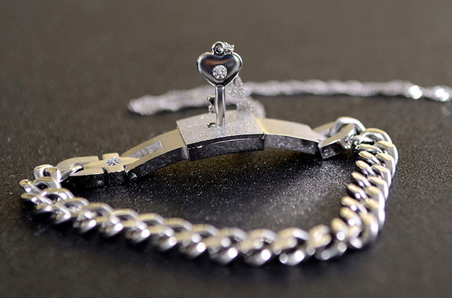 Buy the Chained Locking Bracelet & Jeweled Key Necklace Set Ds Dom Sub BDSM  - XR Brands