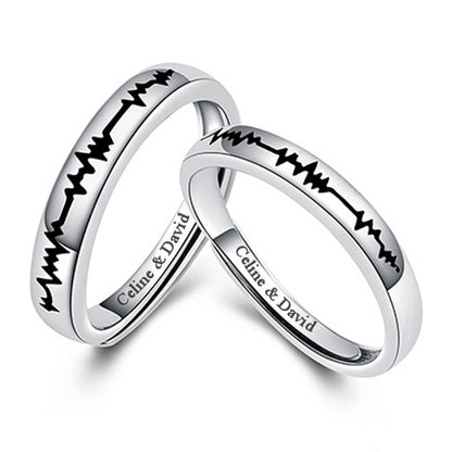 Engraved Heartbeat Rings Set Rhodium Plated Silver Expandable Size