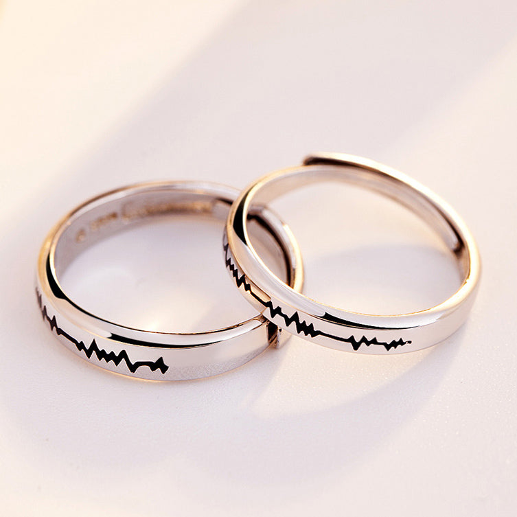 Engraved Heartbeat Rings Set Rhodium Plated Silver Expandable Size