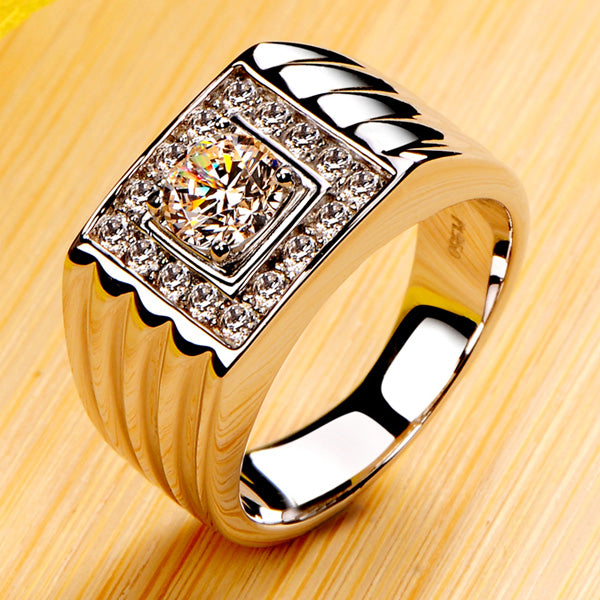 Engravable Pt 950 Plated 0.8 Ct Men's Diamond Engagement Ring