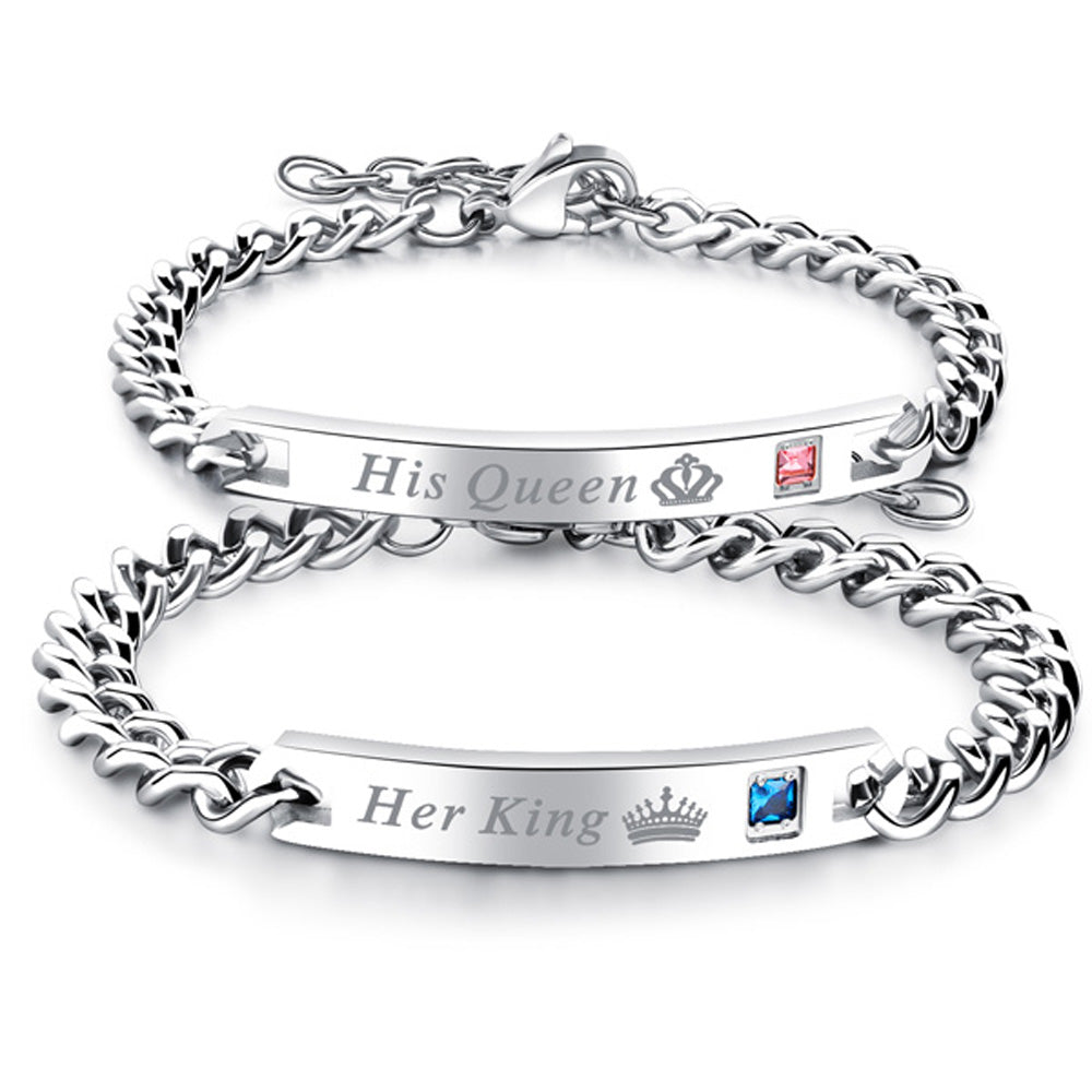 His Queen Her King Lovers Matching Titanium Bracelets Set