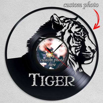 Personalized Tiger LP Record Wall Clock – Custom Photo & Name, Silent Quartz