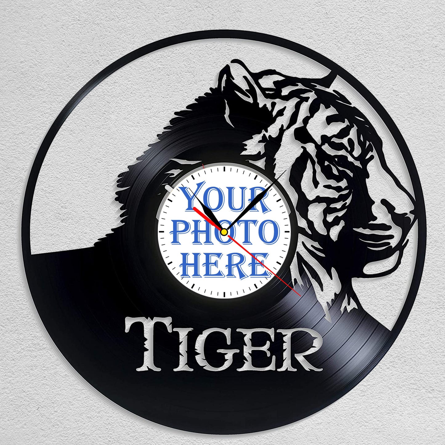 Personalized Tiger LP Record Wall Clock – Custom Photo & Name, Silent Quartz