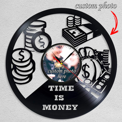 Personalized "Time is Money" LP Record Wall Clock – Custom Photo & Motivational Design