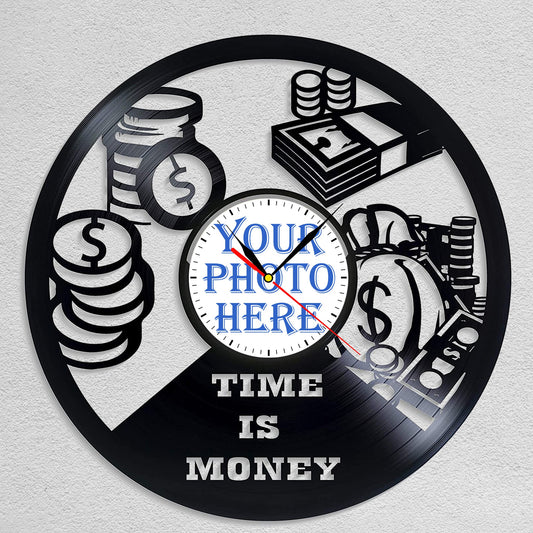 Personalized "Time is Money" LP Record Wall Clock – Custom Photo & Motivational Design