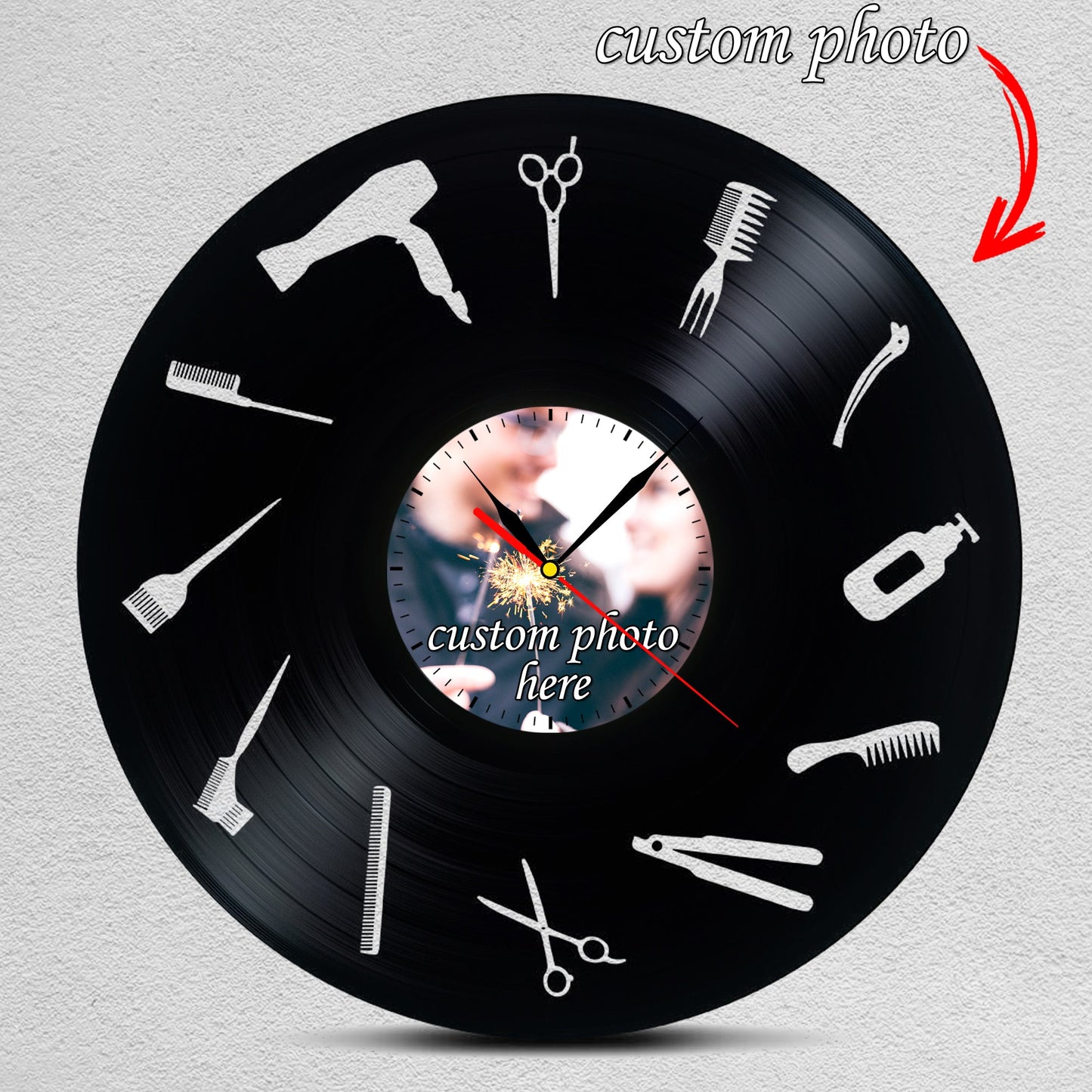 Personalized Barbershop Wall Clock – Custom LP Record Design, Silent Quartz Movement