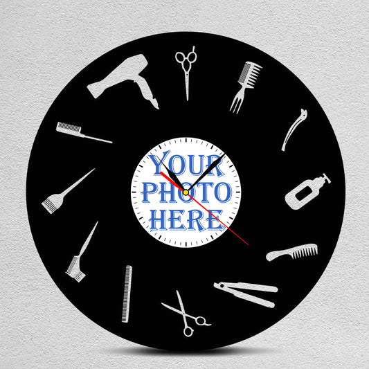 Personalized Barbershop Wall Clock – Custom LP Record Design, Silent Quartz Movement