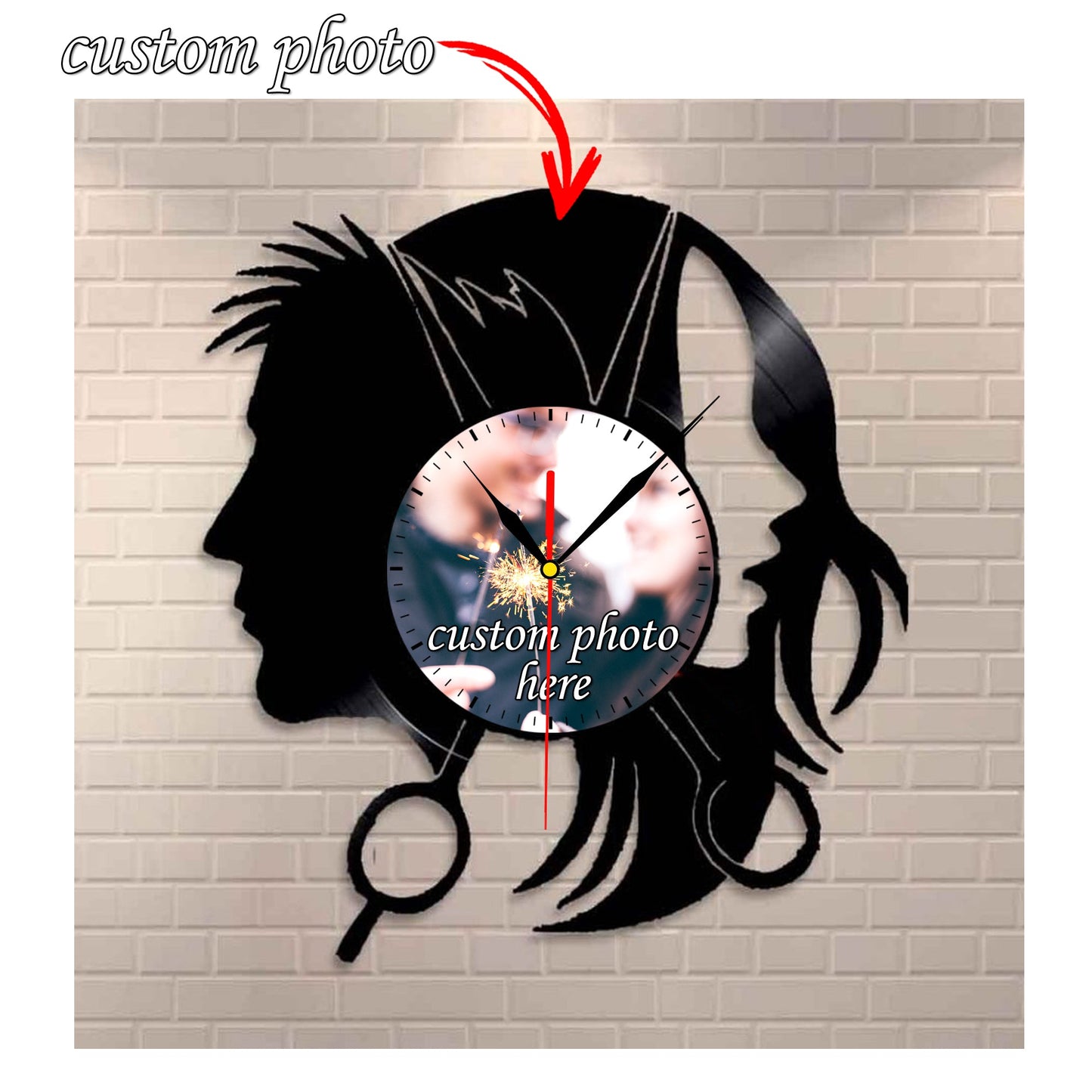 Personalized Hair Stylist LP Record Wall Clock – Custom Photo & Name, Silent Quartz