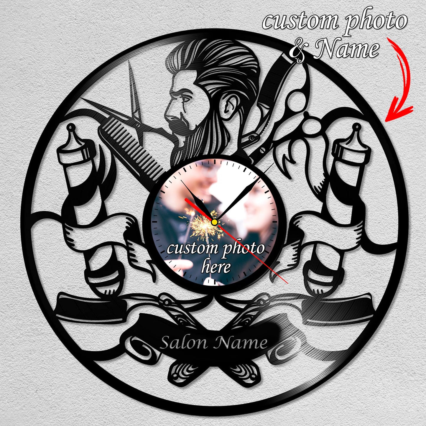 Personalized Barber LP Record Wall Clock – Custom Photo & Shop Name, Silent Quartz