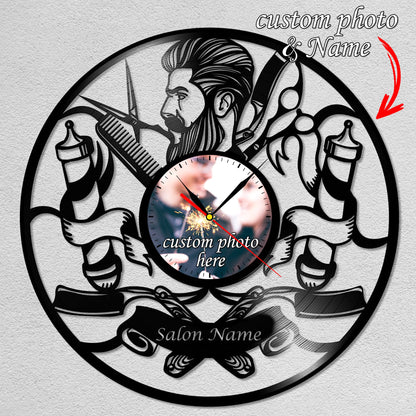 Personalized Barber LP Record Wall Clock – Custom Photo & Shop Name, Silent Quartz