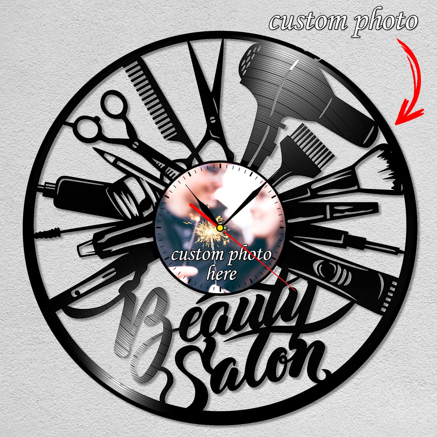 Personalized Beauty Salon LP Record Wall Clock – Custom Photo & Name, Silent Quartz