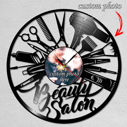 Personalized Beauty Salon LP Record Wall Clock – Custom Photo & Name, Silent Quartz