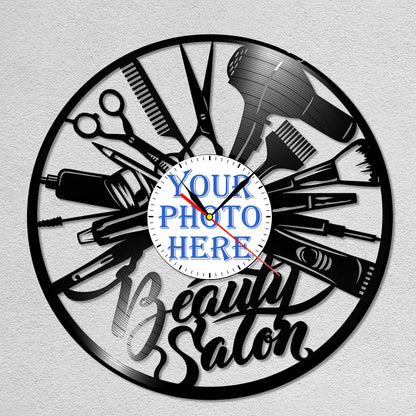 Personalized Beauty Salon LP Record Wall Clock – Custom Photo & Name, Silent Quartz