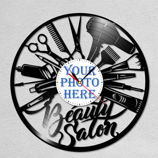 Personalized Beauty Salon LP Record Wall Clock – Custom Photo & Name, Silent Quartz