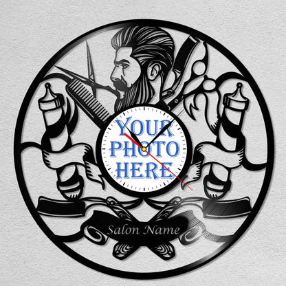 Personalized Barber LP Record Wall Clock – Custom Photo & Shop Name, Silent Quartz