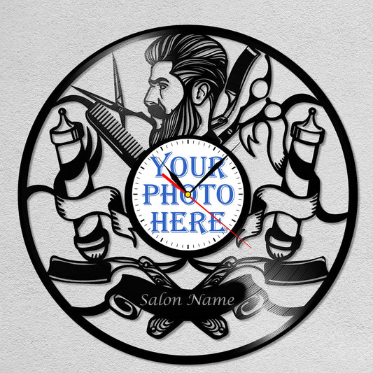 Personalized Barber LP Record Wall Clock – Custom Photo & Shop Name, Silent Quartz