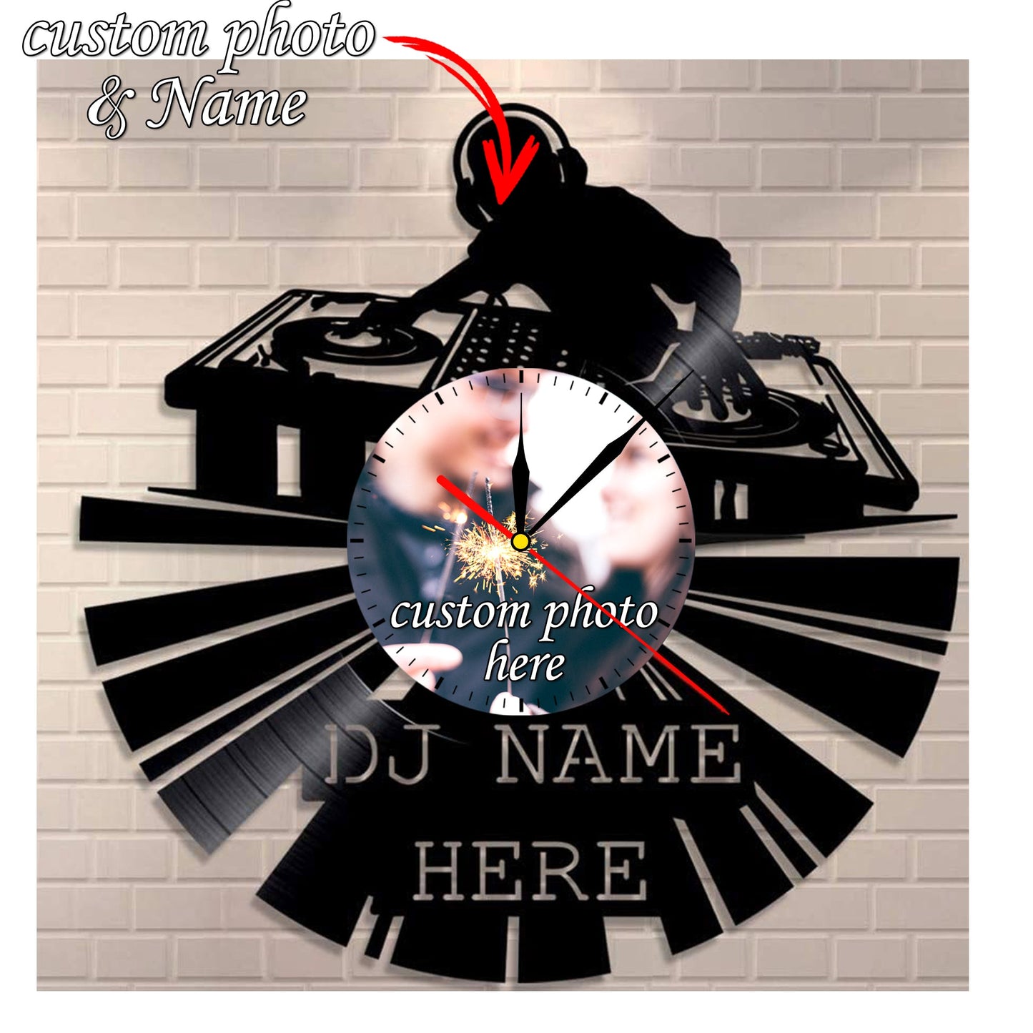 Silent Wall Clock for DJs – Personalized Photo & Name LP Record