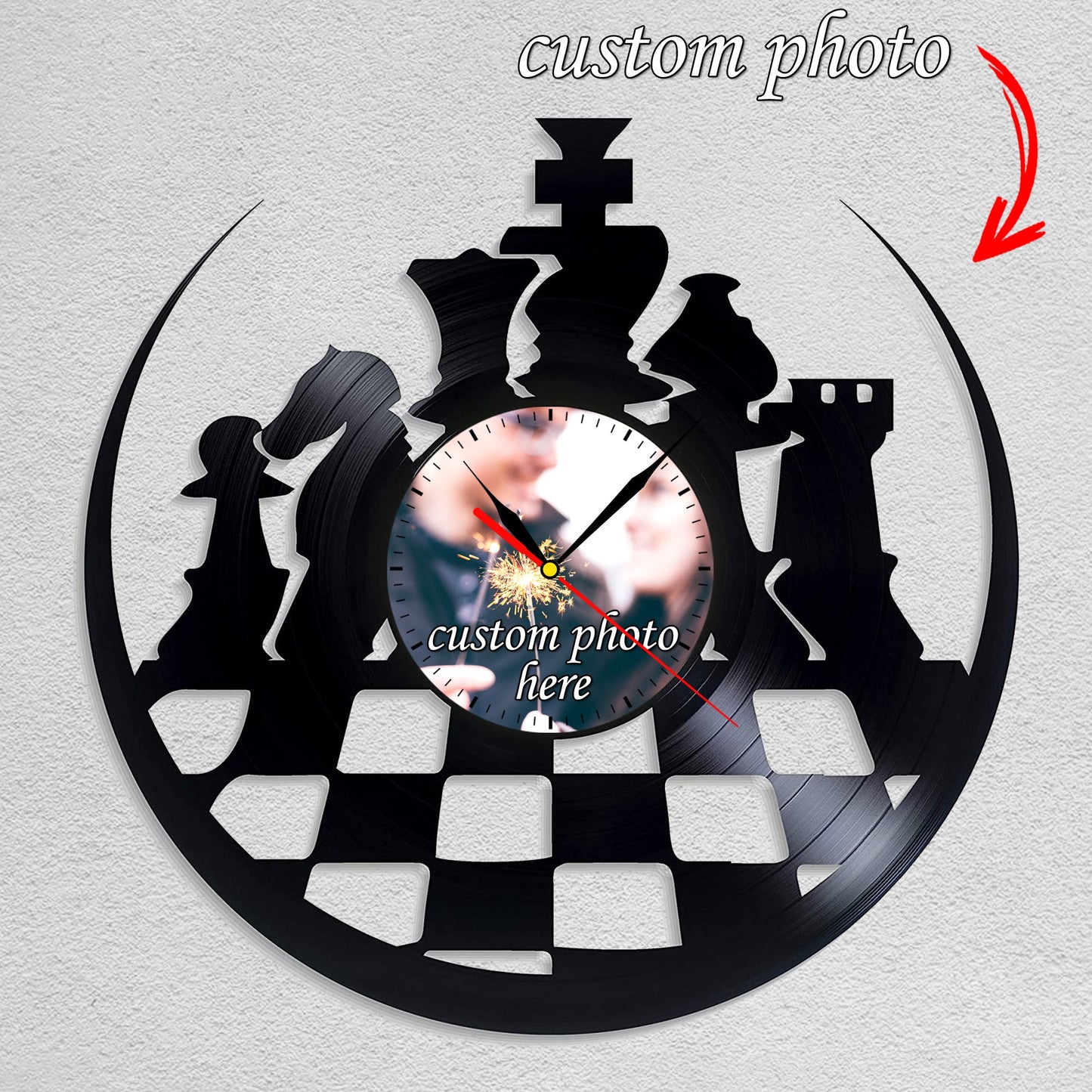 Personalized Chess LP Record Wall Clock – Custom Photo & Name, Silent Quartz