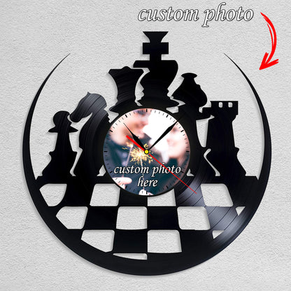 Personalized Chess LP Record Wall Clock – Custom Photo & Name, Silent Quartz