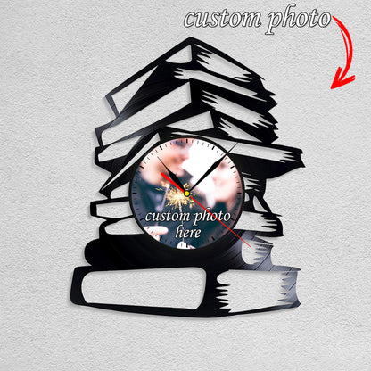 Personalized Book Stack LP Record Wall Clock – Custom Photo, Silent Quartz Movement