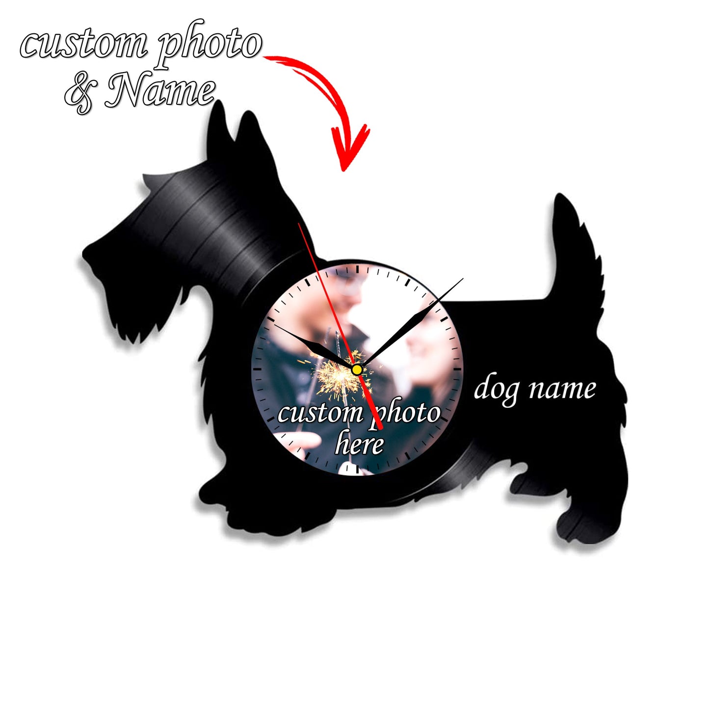 Personalized Dog Silhouette Silent Wall Clock – Custom Pet Photo LP Record