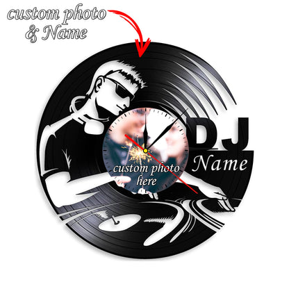 Silent Wall Clock for DJs – Custom Photo & Name Vinyl Record Art