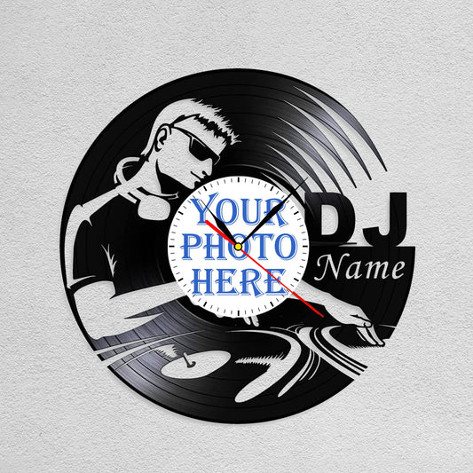 Silent Wall Clock for DJs – Custom Photo & Name Vinyl Record Art
