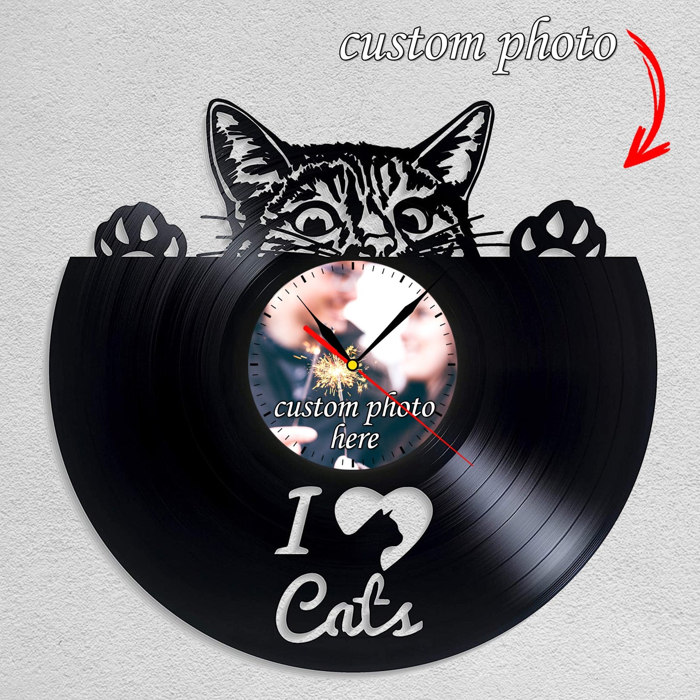 Personalized Cat Memorial Wall Clock – Custom LP Record, Silent Quartz Movement