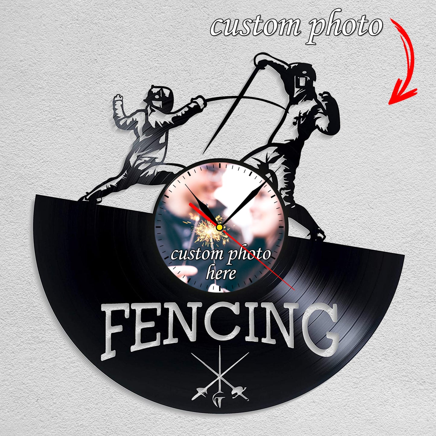 Personalized Fencing LP Record Wall Clock – Custom Photo, Silent Quartz Movement