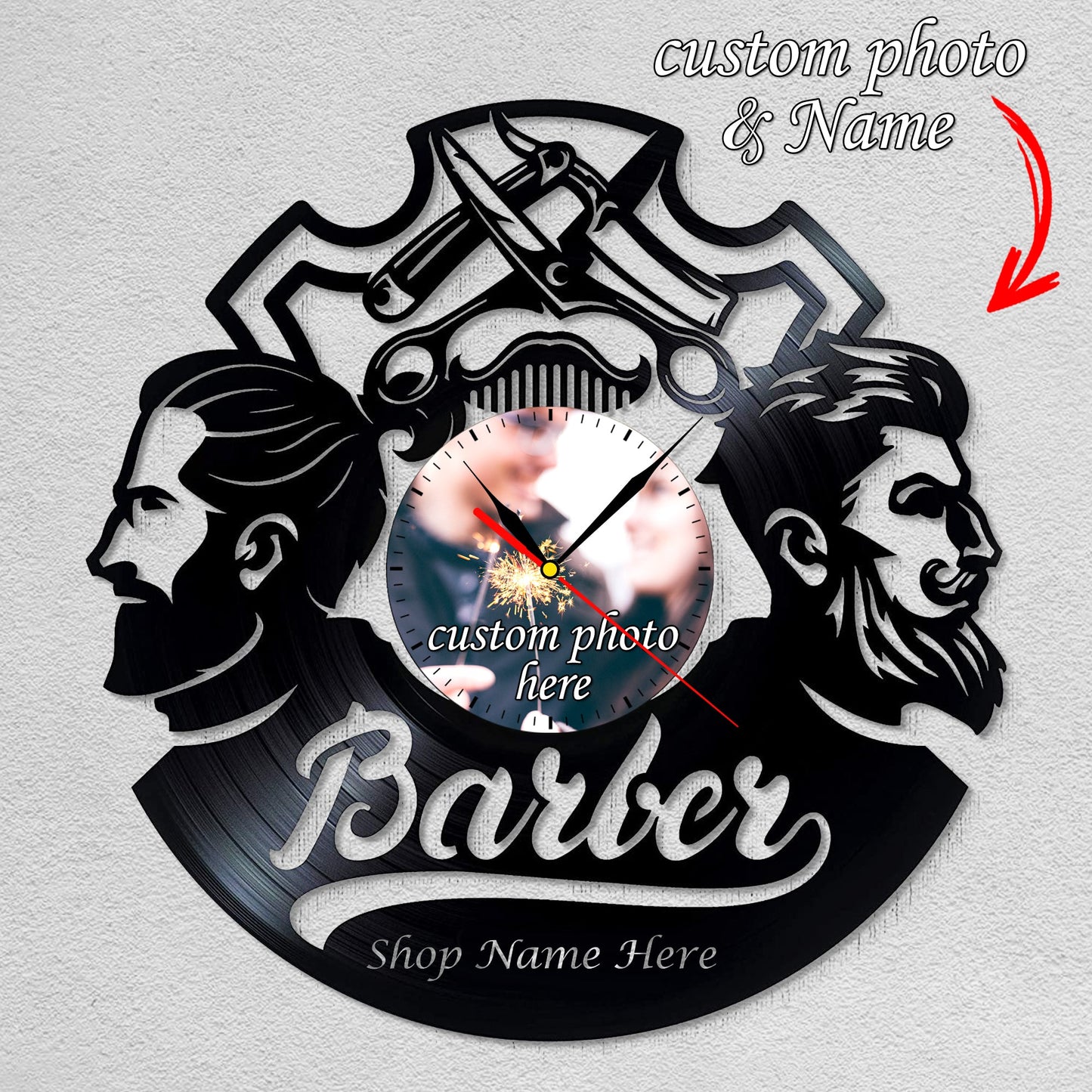 Personalized Barber LP Record Wall Clock – Custom Photo & Shop Name, Silent Quartz