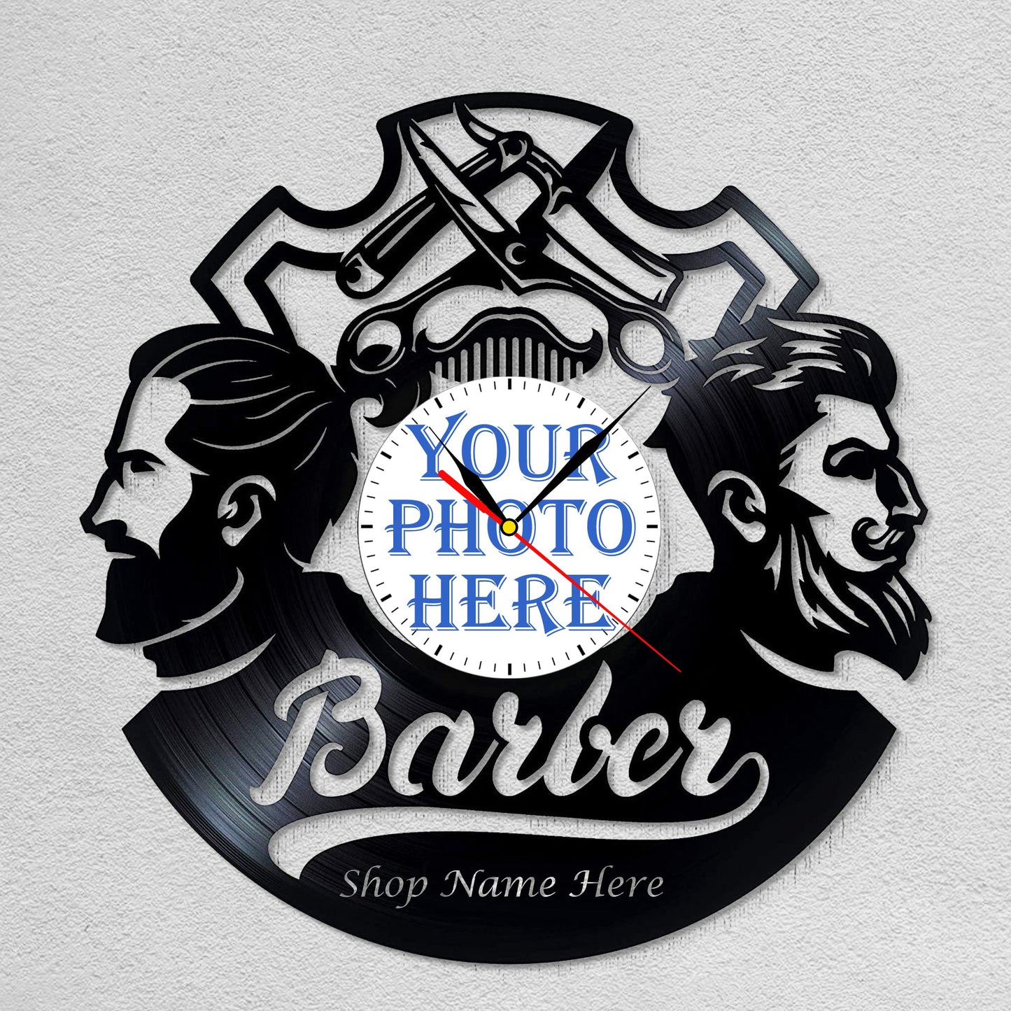 Personalized Barber LP Record Wall Clock – Custom Photo & Shop Name, Silent Quartz