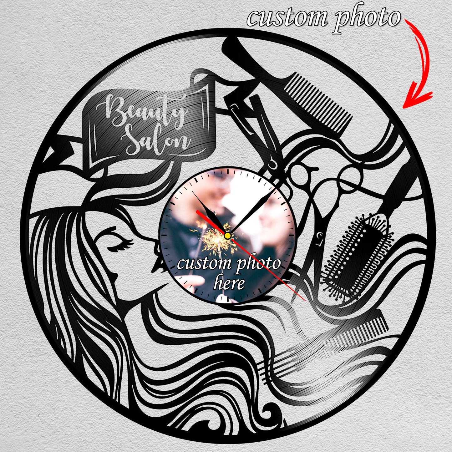Personalized Beauty Salon Wall Clock – Custom LP Record Design, Silent Quartz Movement