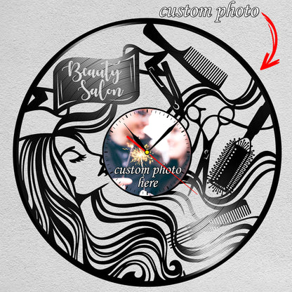Personalized Beauty Salon Wall Clock – Custom LP Record Design, Silent Quartz Movement