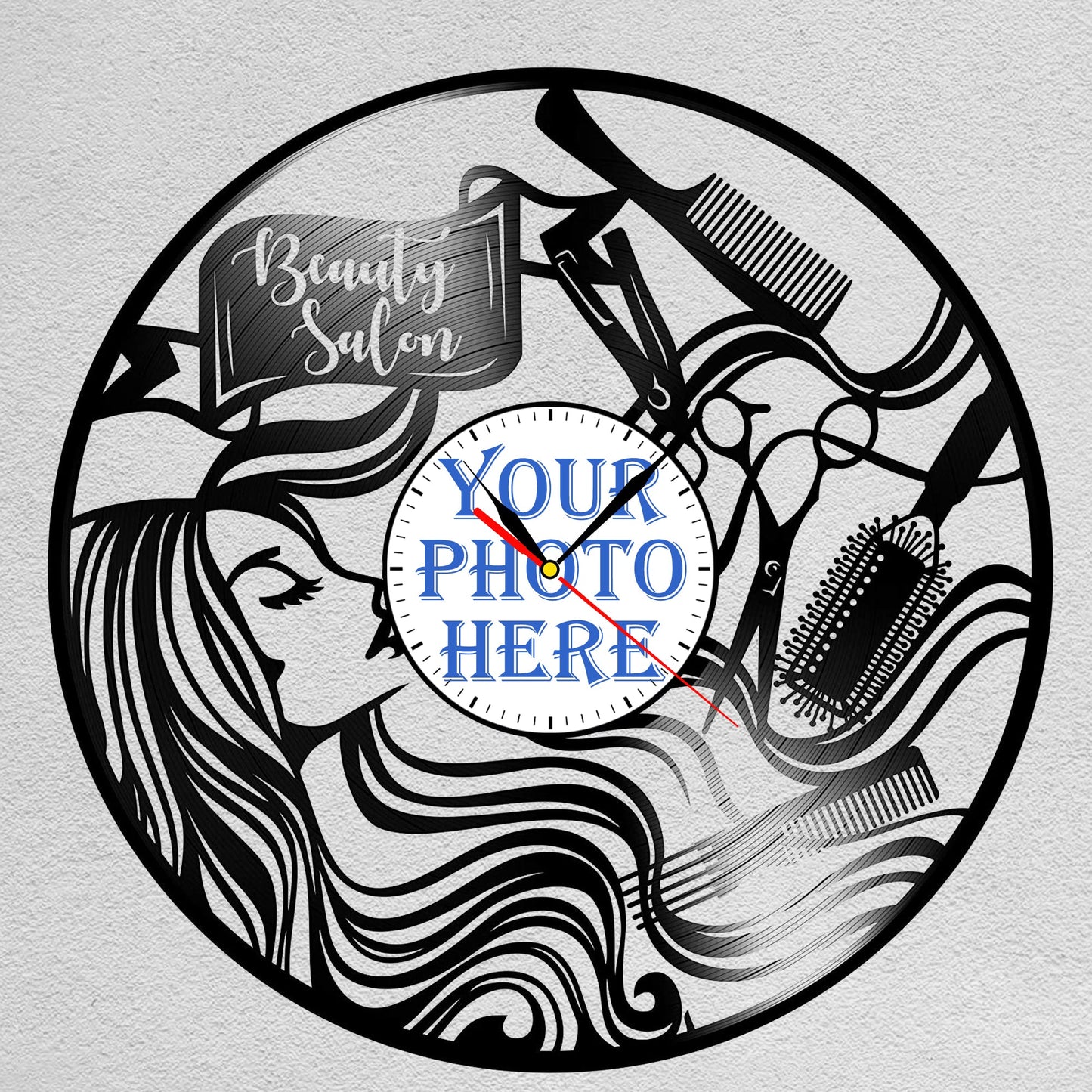 Personalized Beauty Salon Wall Clock – Custom LP Record Design, Silent Quartz Movement